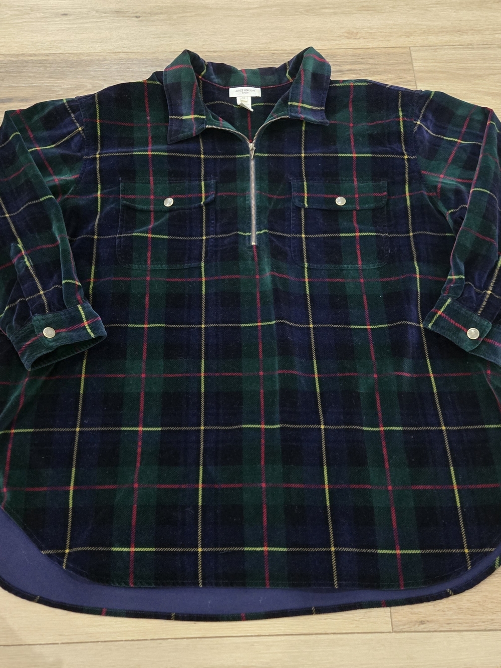 Vintage 90s Jones New York Velour Plaid 1/4 Zip Pullover Shirt 3X Tartan Green